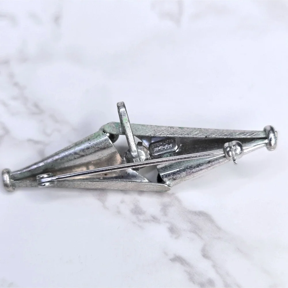 Vintage Carl-Art Sterling Silver Pearl Modernist Atomic Brooch CA Arrow Signed